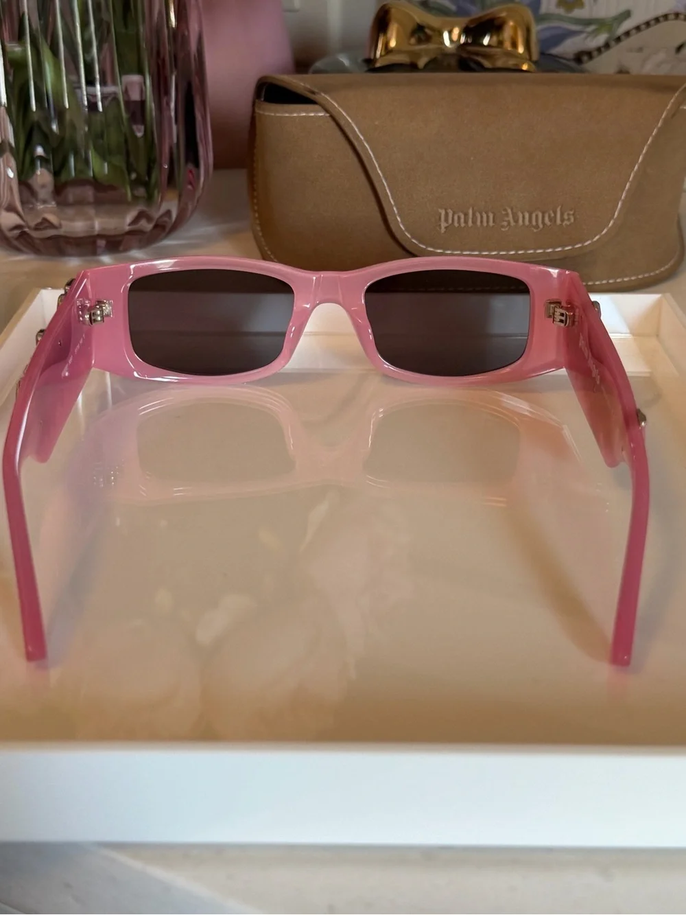 Palm Angels NIB Pink shades new in Brown Suede Sunglasses Case GIFTABLE
